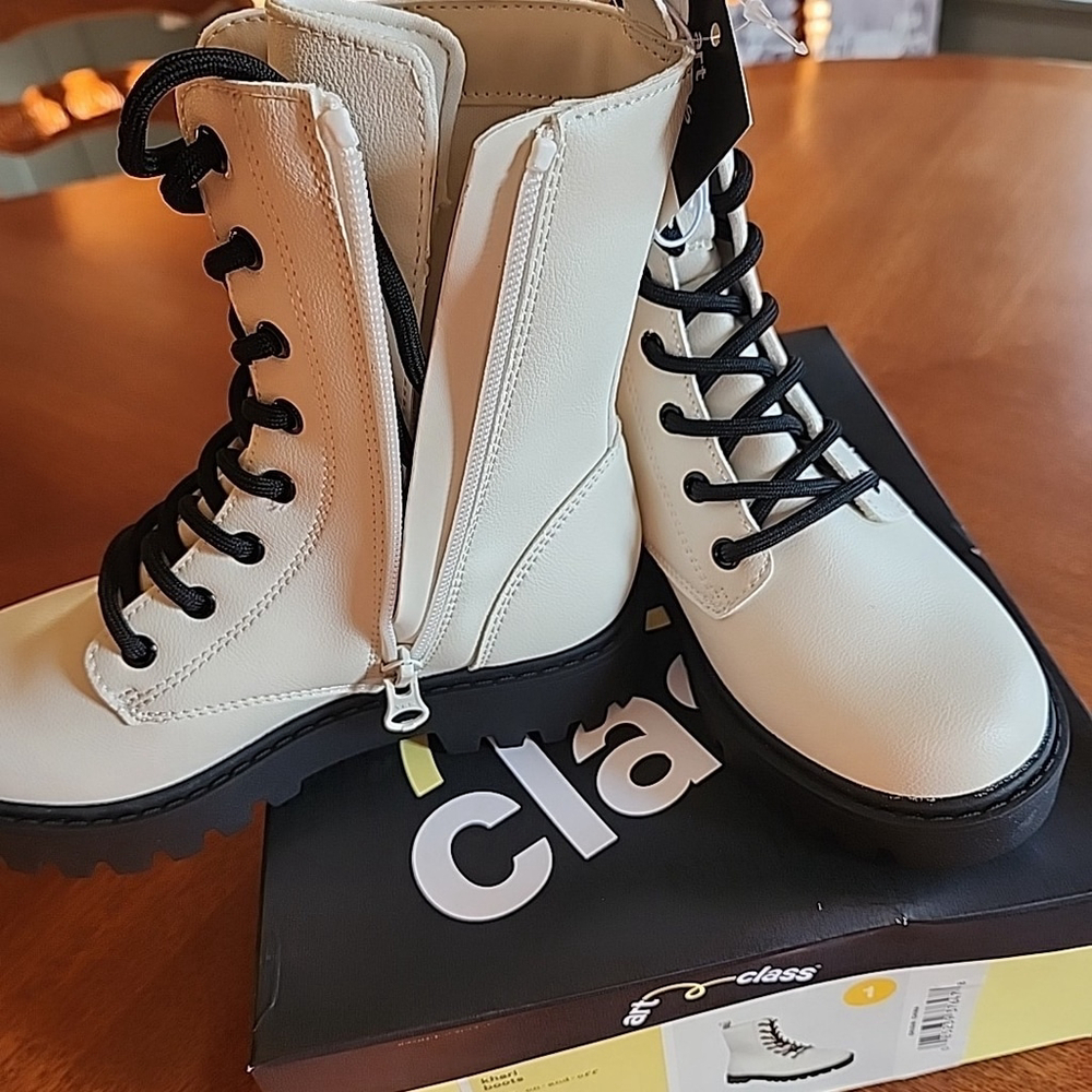 Art Class Combat Boots Khari Girls Sz 1 Cream/Khari Lace Up Zip Chunky New Inbox - Picture 6 of 6